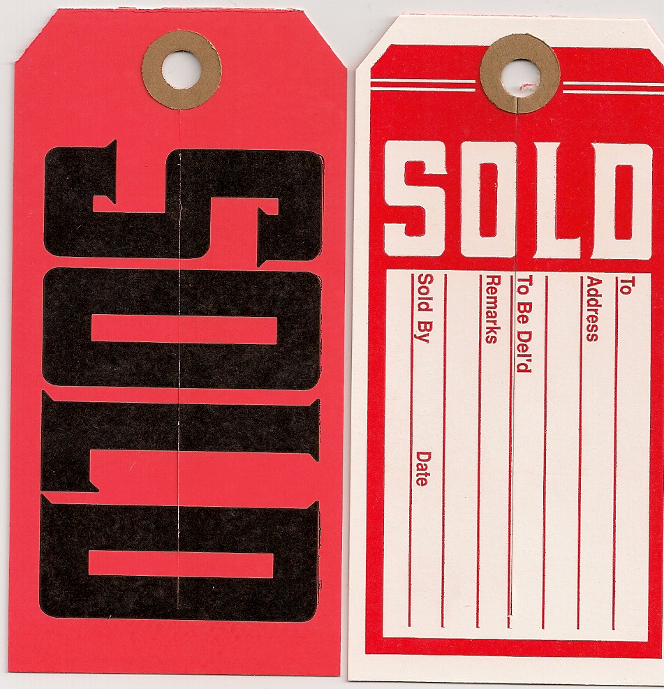#5 (4 3/4 X 2 3/8) WHITE/RED SOLD TAGS - PRINTED 2/SIDES WITH SLIT 500s
